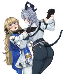 2girls arm_pouch ass black_collar black_eyes black_gloves black_horns black_pants black_pouch black_tail blonde_hair blue_eyes blush breasts capkal collar commentary_request curled_horns dancing eye_contact gloves grey_hair hand_grab high-waist_pants highres horns large_breasts long_hair long_sleeves looking_at_another multiple_girls open_mouth pants pantyhose partial_commentary phoebe_(wuthering_waves) shirt shirt_tucked_in simple_background sweatdrop tail white_background white_pantyhose white_shirt wuthering_waves zani_(wuthering_waves)