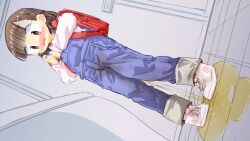 1girl backpack bag between_legs black_eyes blue_overalls blush brown_hair embarrassed full_body hair_ornament hairclip heijitsu_(paapuu) knees_together_feet_apart looking_down open_mouth original overalls pee pee_stain peeing peeing_self puddle public_restroom shirt short_hair solo standing tears toilet toilet_seat water_drop white_footwear