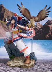 1girl ainu_clothes blue_eyes blue_hair boots breasts feet figure fingerless_gloves gloves hair_ribbon highres leg_lift leg_up legs looking_at_viewer mamahaha nakoruru pants ribbon samurai_spirits small_breasts smile snk the_king_of_fighters the_king_of_fighters_xv thighs weapon