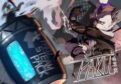 Rule 34 | animal ear fluff, arknights, artist name, barefoot, black hair, black jacket, claws, dated, ear piercing, eyebrow piercing, face piercing, fang, fingerless gloves, gloves, grey fur, grey shirt, highres, holding, holding shield, hyena boy, hyena ears, hyena tail, jacket, multicolored hair, open mouth, pants, pawpads, piercing, pk blct, riot shield, shield, shirt, smoke, smoke grenade, spot (arknights), streaked hair, sweatdrop, throwing, white pants