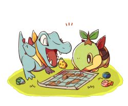 ^_^ berry_(pokemon) bright_pupils brown_eyes closed_eyes colored_sclera commentary gen_2_pokemon gen_4_pokemon grass looking_down map nanab_berry nintendo no_humans notice_lines open_mouth pokemon pokemon_(creature) rawst_berry sharp_teeth sitrus_berry ssalbulre teeth totodile turtwig white_pupils yellow_sclera