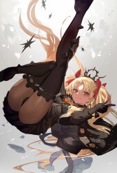 1girl black_cape black_dress black_gloves black_thighhighs blonde_hair breasts cape dark-skinned_female dark_skin dress earrings ereshkigal_(fate) ereshkigal_alter_(fate) fate/grand_order fate_(series) fur-trimmed_cape fur_trim gloves hair_ribbon highres hoop_earrings jewelry lack long_hair long_sleeves looking_at_viewer medium_breasts parted_bangs red_eyes ribbon smile solo thighhighs thighs tiara two_side_up