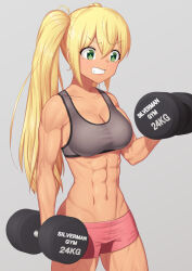 1girl abs black_sports_bra blonde_hair breasts cleavage clenched_teeth collarbone dumbbell dumbbell_nan_kilo_moteru? english_text exercising female_focus green_eyes grey_background gym_shorts highres holding holding_dumbbell linea_alba long_hair long_twintails medium_breasts muscular muscular_arms muscular_female muscular_legs navel obliques pink_shorts putcher sakura_hibiki shiny_skin shorts simple_background solo sports_bra standing tan tareme teeth twintails weightlifting