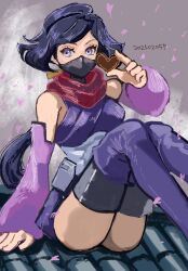 1girl ayame_(gundam_build_divers) blue_hair candy chocolate chocolate_heart commentary dated english_commentary food gundam gundam_build_divers heart heart-shaped_food highres holding holding_food knees_up legs_up long_hair looking_at_viewer okrdisk2000 purple_hair sitting solo thighs very_long_hair