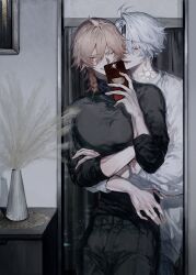 Rule 34 | 2boys, absurdres, alternate costume, antenna hair, black pants, black sweater, blonde hair, braid, casual, cellphone, closed eyes, commentary, facial tattoo, gradient hair, hair between eyes, highres, holding, holding phone, honkai: star rail, honkai (series), hug, hug from behind, male focus, medium hair, mirror selfie, multicolored hair, multiple boys, mydei (honkai: star rail), neck tattoo, pants, parted bangs, phainon (honkai: star rail), phone, red hair, red tattoo, selfie, short hair, side braid, smartphone, sun symbol, sun tattoo, sunset 1830, sweater, tan, tattoo, white hair, white sweater, yaoi
