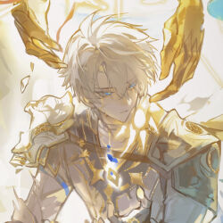 1boy antenna_hair armor black_choker blue_eyes chinese_commentary choker coat commentary_request glowing_tattoo highres honkai:_star_rail honkai_(series) iron_hailai liquid_gold looking_to_the_side male_focus pauldrons phainon_(honkai:_star_rail) short_hair shoulder_armor single_pauldron solo sun_symbol sun_tattoo tan tears white_coat white_hair
