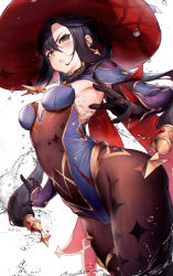 1girl absurdres black_gloves black_hair black_pantyhose blue_leotard blush breasts capelet covered_navel cowboy_shot detached_sleeves earrings floating_hair fur_collar genshin_impact gloves green_eyes hair_ornament hat highres jewelry l_ract leotard long_hair mona_(genshin_impact) open_hands panties pantyhose parted_lips small_breasts solo sparkle_print thighlet twintails underwear very_long_hair water water_drop witch_hat