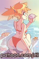 1girl ass asymmetrical_hair back barefoot beach bikini blue_eyes blush breasts feet from_behind gen_1_pokemon gym_leader highres holding legs looking_at_viewer looking_back misty_(pokemon) nintendo open_mouth orange_hair outdoors poke_ball pokemon pokemon_(anime) pokemon_(classic_anime) pokemon_rgby ponytail red_bikini rtil seashell shell short_hair side_ponytail sitting smile soles solo staryu swimsuit thighs toes water