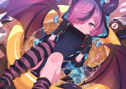 1girl :3 asymmetrical_legwear black_hair blue_jacket blue_one-piece_swimsuit breasts character_request closed_mouth commentary_request demon_girl demon_horns demon_wings hair_over_one_eye handheld_game_console highres holding holding_handheld_game_console hood hood_up horns horns_through_headwear jacket mismatched_legwear monster_musume_td multicolored_hair musical_note nintendo_switch one-piece_swimsuit paid_reward_available partially_submerged pink_eyes pink_hair purple_socks purple_thighhighs robo_mikan short_hair single_sock single_thighhigh small_breasts socks solo speech_bubble spoken_musical_note square_pupils streaked_hair striped_clothes striped_socks striped_thighhighs swimsuit thighhighs variant_set wading_pool wings