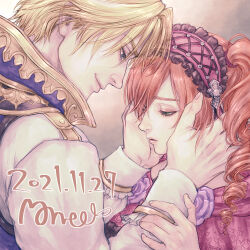 1boy 1girl amy_sorel artist_name blonde_hair blue_eyes brown_background capelet dated drill_hair father_and_daughter green_eyes hands_on_another&#039;s_face headdress long_hair looking_at_another looking_down morito_leaf9 parted_lips pink_capelet popped_collar portrait raphael_sorel red_hair short_hair smile soul_calibur soulcalibur soulcalibur_vi twin_drills variant_set