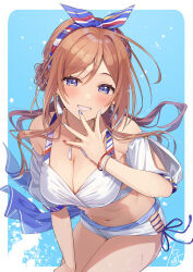1girl bare_shoulders bikini blue_eyes blue_hairband blush border bow_hairband breasts brown_hair cleavage commentary_request courreges_ace gakuen_idolmaster hair_bun hair_intakes hairband highres himesaki_rinami idolmaster kimi_to_semi_blue_(idolmaster) large_breasts long_hair looking_at_viewer multicolored_hairband multicolored_nails nail_polish navel off_shoulder outside_border single_hair_bun single_side_bun smile solo stomach striped_clothes striped_hairband swimsuit thighs white_bikini white_border