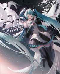 Rule 34 | 1girl, absurdres, aqua hair, black boots, black skirt, black sleeves, boots, closed eyes, closed mouth, detached sleeves, hand up, hatsune miku, highres, long hair, open mouth, see-through clothes, see-through sleeves, shirt, skirt, smile, teeth, thigh boots, tongue, twintails, u9, upper teeth only, very long hair, vocaloid, white shirt