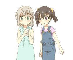 2girls accidental_kiss animated aqua_dress black_hair blush child kodomo_doushi closed_eyes commentary covering_own_mouth denim dress green_eyes grey_hair hair_ornament hair_scrunchie hairclip hand_on_another&#039;s_shoulder hatopoo_(beach7pijon) holding holding_phone hooded_dress kiss kissing_cheek kuraue_hinata looking_at_another multiple_girls open_mouth overalls phone pink_shirt punching purple_eyes pushing_away scrunchie shirt short_hair short_twintails surprise_kiss surprised twintails ugoira video white_background yama_no_susume yukimura_aoi yuri