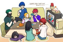 Rule 34 | 2025, 2girls, 6+boys, armor, black hair, blonde hair, blue hair, borr, brown hair, card, earrings, gauma, green hair, gridman (character), gridman (ssss), gridman universe, gridman universe (film), happy new year, highres, jewelry, kotatsu, long hair, long sleeves, mask, max (ssss.gridman), mother and daughter, multiple boys, multiple girls, new year, open mouth, pants, red hair, risu (ricca rucca), samurai calibur, scar, shirt, short hair, sitting, sleeping, smile, sun, sunglasses, t-shirt, table, takarada orie, takarada rikka, twintails, under table, vit, yellow eyes