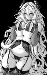 1girl arknights bare_shoulders blush breasts breasts_squeezed_together choker cowboy_shot elbow_gloves fingerless_gloves furauji garter_belt gloves greyscale hair_between_eyes heart horns large_breasts long_hair looking_at_viewer monochrome navel nipples parted_lips plump simple_background solo spot_color theresa_(arknights) thighhighs underwear underwear_only very_long_hair