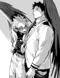 2boys absurdres belt belt_buckle boku_no_hero_academia buckle closed_mouth endeavor_(boku_no_hero_academia) eye_contact feathered_wings feet_out_of_frame fur-trimmed_jacket fur_trim goggles greyscale hawks_(boku_no_hero_academia) highres jacket long_sleeves looking_at_another male_focus migi_(mm86262394) monochrome multiple_boys necktie open_clothes open_jacket open_mouth pants profile school_uniform shirt standing suit_jacket u.a._school_uniform wings