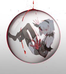 1girl backless_dress backless_outfit bag bare_back bare_shoulders bat_wings black_dress black_gloves black_hairband blood blood_drip blue-tinted_eyewear blunt_ends bob_cut breasts cleavage closed_mouth collar crossed_ankles detached_collar die_(die0118) dress elbow_gloves fang fang_out frilled_collar frills frown full_body fur-trimmed_gloves fur_trim gloves gradient_background grey_background grey_collar grey_thighhighs hair_between_eyes hairband highres in_bubble izumi_kanagi izumi_kanagi_(vampire_ver.) looking_at_viewer magia_record:_mahou_shoujo_madoka_magica_gaiden mahou_shoujo_madoka_magica monocle no_shoes official_alternate_costume pointy_nose red_brooch red_eyes red_gloves ribbed_thighhighs short_hair shoulder_bag sleeveless sleeveless_dress solo thighhighs tinted_eyewear two-tone_gloves white_background white_hair wings