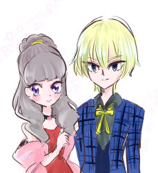 Rule 34 | 1boy, 1girl, amano nene (digimon xros wars), aonuma kiriha, blonde hair, blue eyes, blush, digimon, dress, flower, formal clothes, long hair, looking at viewer, my (pixiv587991), purple eyes, smile