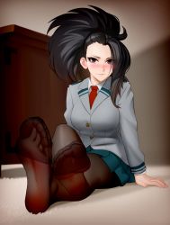 1girl absurdres aqua_skirt black_hair blush boku_no_hero_academia breasts brown_pantyhose closed_mouth collared_shirt commentary crossed_ankles eyes_visible_through_hair feet foot_focus foreshortening full_body grey_jacket hair_pulled_back highres indoors jacket kairunoburogu large_breasts long_hair long_sleeves looking_at_viewer necktie no_shoes pantyhose pleated_skirt ponytail purple_eyes red_necktie school_uniform shirt sitting skirt soles solo toes u.a._school_uniform yaoyorozu_momo