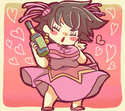 1boy absurdres alcohol basket battle_tendency blowing_kiss border bottle breast_padding breasts brown_hair buttons chibi closed_eyes commentary commentary_request crossdressing dress earrings eyelashes facing_viewer full_body hair_ornament hand_up hands_up heart heart_background highres holding holding_bottle jewelry jojo_no_kimyou_na_bouken joseph_joestar joseph_joestar_(tequila) joseph_joestar_(young) large_breasts legs_apart m_a_a_m_8 makeup open_mouth pink_background pink_dress pink_shoes puckered_lips red_lips shoes short_hair short_sleeves solo spiked_hair standing tequila wine_bottle