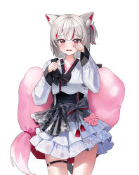 1girl absurdres black_bow bow cowboy_shot fang grey_hair hand_up highres jeogori_(clothes) layered_skirt long_sleeves looking_at_viewer multicolored_hair neneko_mashiro one_side_up open_mouth paw_pose red_eyes shirt short_hair simple_background skirt solo stellive streaked_hair thigh_strap virtual_youtuber white_background white_shirt white_skirt zhxms123