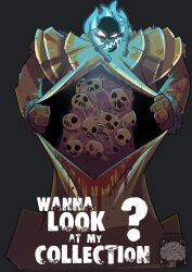 1other ? burn commentary dark darkest_dungeon doctorstrogg english_commentary extra_faces fantasy fire gloves glowing glowing_eyes headless highres horror_(theme) monster monster_focus no_humans open_mouth robe sharp_teeth skull teeth the_collector_(darkest_dungeon) undead yellow_robe