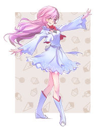 Rule 34 | 1girl, boots, candy, commentary request, cosplay, cropped jacket, cupcake, dress, floating hair, food, full body, grin, heterochromia, high heel boots, high heels, highres, ice cream, iesupa, lollipop, long hair, long sleeves, looking at viewer, multicolored hair, neopolitan (rwby), outstretched arms, popsicle, pouch, rwby, rwby chibi, smile, solo, standing, two-tone hair, weiss schnee, weiss schnee (cosplay), white boots, white legwear