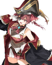 1girl :d ascot bare_shoulders belt bicorne black_coat black_hat black_thighhighs blush breasts brooch brown_belt cleavage coat commentary covered_navel cowboy_shot cropped_jacket eyepatch frilled_shirt_collar frills gloves gold_trim hair_ribbon hat highres hololive hololive_fantasy houshou_marine jacket jewelry lace lace-trimmed_legwear lace_trim large_breasts leather_belt leotard leotard_under_clothes long_hair looking_at_viewer lunch_(lunchicken) midriff miniskirt off_shoulder open_mouth pirate pirate_hat pleated_skirt pointing pointing_at_self red_ascot red_eyes red_hair red_jacket red_ribbon red_skirt ribbon see-through_clothes see-through_cleavage see-through_leotard simple_background skirt sleeveless sleeveless_jacket smile solo thick_thighs thighhighs thighs twintails virtual_youtuber white_background white_gloves zettai_ryouiki