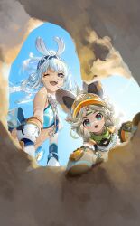 Rule 34 | 2girls, absurdres, bare shoulders, blue eyes, blue hair, blue hairband, body markings, braid, breasts, chinchilla ears, chinchilla girl, commentary, english commentary, from below, fur-lined gloves, fur-trimmed mittens, fur trim, genshin impact, grey hair, hairband, hawaiian clothes, highres, hole, jelmul, kachina (genshin impact), light blue hair, long hair, looking at viewer, low twin braids, mittens, mualani (genshin impact), multiple girls, one eye closed, open mouth, parted bangs, pov, red eyes, sky, tan, twin braids, underboob, visor cap
