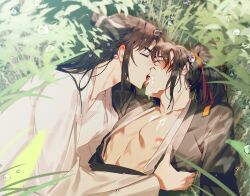 Rule 34 | 2boys, bishounen, black hair, black hanfu, blush, bubble, chinese clothes, closed eyes, collarbone, couple, cum, cum on body, cum on chest, cum on male, facial, french kiss, grass, hair ribbon, hand on another&#039;s waist, hanfu, headband, highres, hug, imminent kiss, jujeop, kiss, korean commentary, lan wangji, leaf, long hair, long sleeves, lying, male focus, modao zushi, multiple boys, nipples, on grass, open clothes, open mouth, open robe, outdoors, pectoral cleavage, pectorals, plant, ponytail, red ribbon, ribbon, robe, sidelocks, sweat, tongue, tongue out, topknot, upper body, water drop, wei wuxian, wet, wet hair, white hanfu, white headband, wide sleeves, yaoi