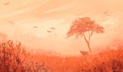 artist_name bird bush commentary cow no_humans orange_sky orange_theme original outdoors scenery signature sky tree zandra