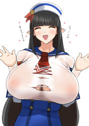 1girl breasts bursting_breasts closed_eyes gachou happy hat hinoa huge_breasts monster_hunter_(series) monster_hunter_rise nipples no_bra open_mouth sailor_hat school_uniform see-through_clothes smile torn_clothes undersized_clothes