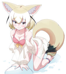 1girl alternate_costume animal_ears bare_shoulders bikini blonde_hair blush brown_eyes collarbone fennec_(kemono_friends) fox_ears fox_girl fox_tail hair_between_eyes kemono_friends kneeling lowlandgorilla midriff multicolored_hair pink_bikini pleated_skirt sandals see-through_clothes see-through_shirt shirt short_hair sidelocks skirt smile solo spaghetti_strap swimsuit tail white_hair white_shirt