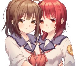 2girls ahoge angel_beats! brown_eyes brown_hair check_commentary commentary_request hanyu_mf hisako_(angel_beats!) iwasawa_masami long_hair looking_at_viewer medium_hair multiple_girls red_eyes red_hair school_uniform serafuku shirt simple_background smile upper_body white_background white_shirt