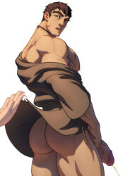 1boy 1other ass back bara bare_pectorals black_hair dota:_dragon&#039;s_blood dota_(series) dota_2 dragon_knight_(dota) erection facial_hair large_pectorals male_focus muscular muscular_male naked_robe nipples open_mouth pectorals penis protected_link robe robe_lift scar scar_on_arm scar_on_chest scar_on_face schizoid short_hair simple_background white_background