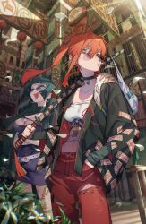 2girls breasts buttons cigarette cleavage glasses highres katana large_breasts multiple_girls open_mouth pants smile soono_(rlagpfl) sunglasses sword tagme weapon