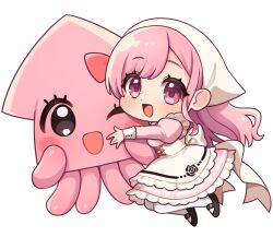 1girl :d apron artist_request asymmetrical_bangs back_bow black_shoes bow breasts chibi chibi_only commentary corset creature dot_nose dress full_body happy hat highres hug indie_virtual_youtuber juliet_sleeves knees_up light_blush long_hair long_sleeves looking_at_viewer maid mary_janes mascot open_mouth pantyhose pink_dress pink_eyes pink_hair pink_theme puffy_sleeves raised_eyebrows ribbon shoes side_part simple_background small_breasts smile squid transparent_background white_apron white_hat white_pantyhose white_ribbon white_sleeve_cuffs