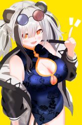 1girl absurdres animal_ears arknights black_dress black_jacket breasts china_dress chinese_clothes cleavage cleavage_cutout clothing_cutout cowboy_shot dress eyewear_on_head fang feater_(arknights) feater_(elite_ii)_(arknights) hair_over_one_eye hand_up highres index_finger_raised jacket large_breasts looking_at_viewer multicolored_hair open_clothes open_jacket open_mouth orange_eyes panda_ears sgt_syunkai2_(myyards) simple_background skin_fang sleeveless smile solo streaked_hair twintails yellow_background