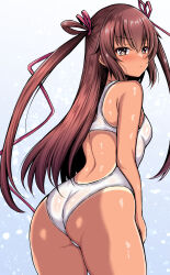 1girl :&lt; ass back bare_arms blush brown_eyes brown_hair closed_mouth commentary_request competition_swimsuit curvy dark-skinned_female dark_skin gradient_background hair_ribbon hair_rings highres huge_ass kanna_(minamozuki) long_hair looking_at_viewer mizuki_yukikaze multicolored_hair one-piece_swimsuit ribbon sidelocks skindentation solo standing swimsuit taimanin_(series) taimanin_yukikaze tan tanline twintails two-tone_hair very_long_hair white_one-piece_swimsuit wide_hips