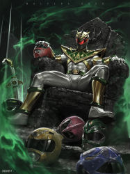 1boy absurdres alex_malveda colored_smoke death dino_buckler dragon_ranger fantasy hand_on_headwear helmet highres jumpsuit kiba_ranger lord_drakkon male_focus mammoth_ranger mighty_morphin_black_ranger mighty_morphin_blue_ranger mighty_morphin_green_ranger mighty_morphin_pink_ranger mighty_morphin_power_rangers mighty_morphin_red_ranger mighty_morphin_white_ranger mighty_morphin_yellow_ranger power_rangers power_rangers_(boom!_studios) ptera_ranger science_fiction sitting smoke solo sword throne tiger_ranger tricera_ranger tyranno_ranger weapon white_jumpsuit yellow_headwear