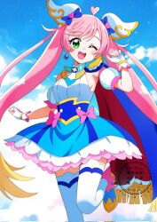 1girl ;d ahoge ankle_boots armpit_peek blonde_hair blue_boots blue_cape blue_dress blue_sky blush boots bow breasts brooch cape cloud cloudy_sky colored_shoe_soles commentary copyright_notice cosplay cowboy_shot cure_prism cure_sky cure_sky_(cosplay) curled_fingers day detached_sleeves dress dress_bow earrings fingerless_gloves fingernails frilled_dress frills fringe-trimmed_cape fringe_trim gloves gradient_hair green_eyes hair_ornament hand_up heart heart_ahoge highres hirogaru_sky!_precure jewelry leg_up long_hair looking_at_viewer magical_girl medium_dress momotarouooi multicolored_dress multicolored_hair nijigaoka_mashiro one_eye_closed open_mouth outdoors pink_bow pink_hair precure puffy_detached_sleeves puffy_sleeves red_cape single_earring sky sleeveless sleeveless_dress small_breasts smile solo sphere_earrings star_(symbol) star_in_eye symbol_in_eye thighhighs twintails two-sided_cape two-sided_fabric two-tone_dress two-tone_hair very_long_hair watermark white_dress white_gloves white_thighhighs wing_brooch wing_hair_ornament