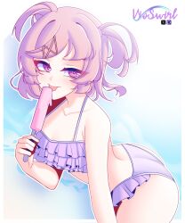 Rule 34 | 1girl, absurdres, artist name, bikini, breasts, doki doki literature club, eating, food, hair ornament, highres, holding, holding food, holding ice cream, ice cream, licking, looking to the side, natsuki (doki doki literature club), pink bikini, pink eyes, pink hair, short hair, signature, simple background, small breasts, swimsuit, tongue, tongue out, vioswirl