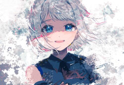 Rule 34 | 1girl, blue eyes, blush, commentary request, gakuen idolmaster, grey hair, hakusen (idolmaster), highres, idolmaster, katsuragi lilja, looking at viewer, maru51, necktie, portrait, short hair, sidelocks, smile, solo