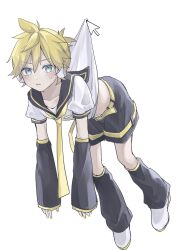 1boy absurdres black_sailor_collar blonde_hair blue_eyes blush clothes_lift detached_sleeves full_body headphones highres kagamine_len leg_warmers looking_at_viewer male_focus midriff neckerchief necktie paripariparingo sailor_collar school_uniform serafuku short_hair shorts simple_background solo sweat vocaloid white_background yellow_neckerchief yellow_necktie