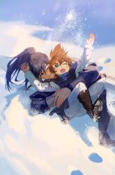 2boys black_eyes black_hair brown_hair child chinese_clothes gzgzmym hanfu high_ponytail highres hug long_hair long_sleeves male_focus multiple_boys open_mouth ponytail quan_yizhen snow tianguan_cifu wavy_hair yin_yu