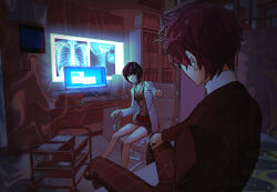 Rule 34 | 1boy, 1girl, amamiya ren, bare legs, black choker, black dress, black hair, black jacket, blunt bangs, checkered clothes, checkered pants, choker, coat, collarbone, commentary request, dress, from behind, fx34s, glasses, highres, indoors, jacket, korean commentary, lab coat, looking at another, monitor, open clothes, open coat, pants, persona, persona 5, school uniform, short dress, short hair, shuujin academy school uniform, sitting, sweater, takemi tae, three quarter view, turtleneck, turtleneck sweater, white coat, white sweater, x-ray film