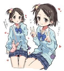 1girl :o ai_nige animal_bag bag black_eyes black_hair blue_bow blue_bowtie blue_cardigan blue_nails blue_skirt bow bowtie braid buttons cardigan charm_(object) checkered_clothes checkered_skirt commentary_request diagonal-striped_bow diagonal-striped_bowtie diagonal-striped_clothes double_v eyelashes flat_chest flower flower_necklace flying_sweatdrops forehead gyaru hair_bow hair_ornament hands_up heart highres idolmaster idolmaster_cinderella_girls jewelry light_blush long_sleeves looking_at_viewer miniskirt multiple_views nail_polish necklace open_collar pink_bag pom_pom_(clothes) pom_pom_hair_ornament rabbit_bag sasaki_chie shirt short_hair shoulder_bag side_ponytail sitting skirt smile striped_clothes thighs translation_request v white_background white_shirt