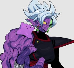 ._. 1boy black_shirt closed_mouth colored_skin ditto dougi dragon_ball dragon_ball_super earrings full_body fused_zamasu gen_1_pokemon green_skin jewelry kaioushin long_sleeves mismatched_irises mismatched_sclera nanika_(nnkgh) nintendo parted_lips pointy_ears pokemon pokemon_(creature) potara_earrings shirt short_hair silver_ring simple_background smile spiked_hair teeth white_background white_hair zamasu