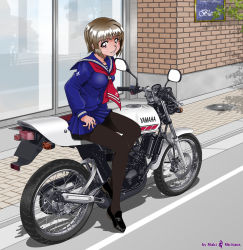 brown_hair maki_michaux motor_vehicle motorcycle original pantyhose school_uniform short_hair solo vehicle yamaha