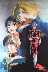 1980s_(style) 2boys 2girls amuro_ray belt blonde_hair blue_eyes boots brown_eyes brown_hair cape char_aznable fraw_bow gloves gundam hand_on_own_hip helmet jacket looking_at_viewer looking_up mask military military_uniform mobile_suit_gundam multiple_boys multiple_girls official_art oldschool painting_(medium) retro_artstyle sayla_mass science_fiction short_hair standing sword traditional_media weapon white_gloves yasuhiko_yoshikazu zeon
